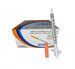 Seringa Para Insulina 0,5ml C/ Agulha Fixa 6 x 0,25mm C/ 100 Unidades - SR