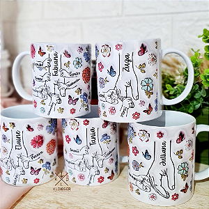 Caneca dia das Mães - mão da mãe segurando a dos filhos