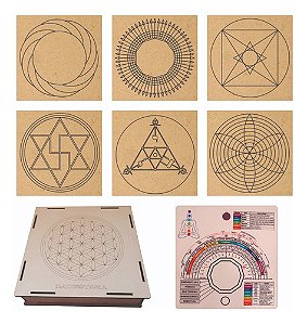 Kit 6 Placas 20x20 MDF CRU 3mm Radiestesia + Caixa e Relógio