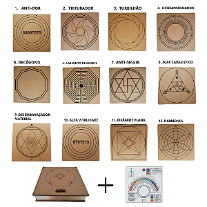 Kit Caixa + 12 Principais Gráficos Radiônicos MDF CRU 6mm 30x30cm Maior Massa + Relógio com Prancha Francesa i