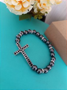 Pulseira de Hematita com Cruz Cravejada