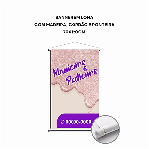 Banner em Lona - 70x120cm - Madeira, cordão e ponteira