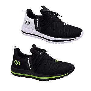 Kit 2 Pares Tênis Esportivo Academia Runway Running Masculino - Preto/Verde E Branco/Preto