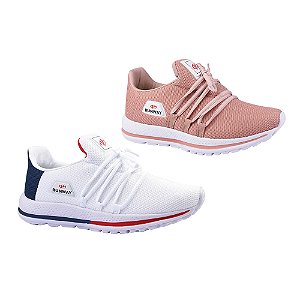 Kit 2 Pares De Tênis Caminhada Corrida Academia Runway Soft Feminino - Branco E Nude