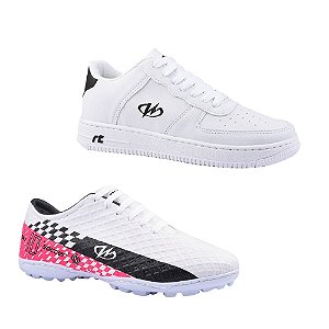 Kit Chuteira Society E Tênis Estilo Retrô Runway Masculino - Branco E Branco/Preto