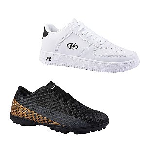 Kit Chuteira Society E Tênis Estilo Retrô Runway Masculino - Preto E Branco/Preto