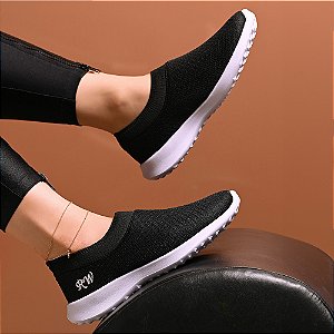 Tênis Meia Sem Cadarço Leve Macio Slip On Runway Feminino - Preto