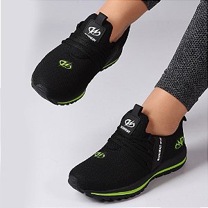 Tênis Esportivo Academia Caminhada Runway Running Feminino - Preto/Verde