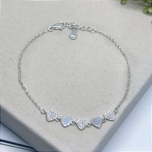 Pulseira corações com zircônias – Prata 925