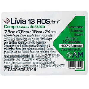 Compressa de Gaze Esteril Livia 7,5cm x 7,5cm 13 Fios 10 Und - America