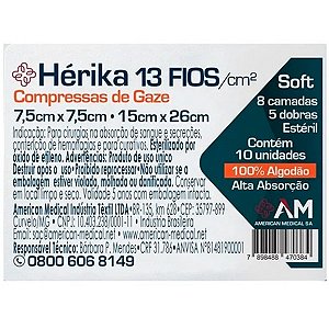 Compressa de Gaze Esteril 7,5cm x 7,5cm 13 Fios 10 Und - America