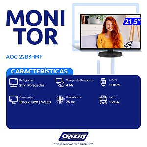 Monitor Aoc Led 22b3hmf 21.1p Hdmi Vga Ajust Alt - 22b3hmf