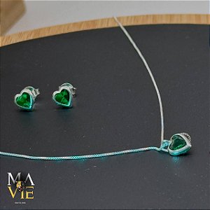 Trio colar pingente 45cm+ brincos verde oliva prata 925