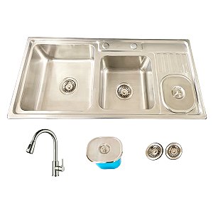 Cuba Dupla Pro Aço Inox com Lixeira e Torneira Clean Escovada