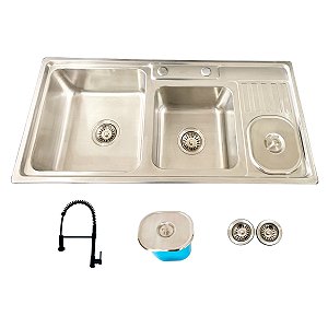 Cuba Dupla Pro Aço Inox 304 com Lixeira e Torneira Vision Preta