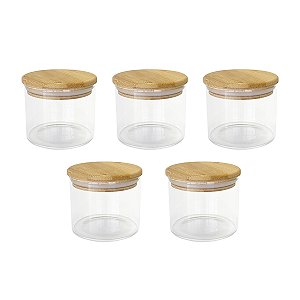 Kit 5 Potes Herméticos de Vidro com Tampa de Bambu 450ml