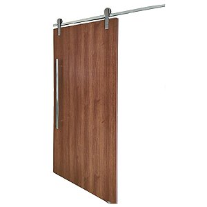 Porta Madeira Carvalho 90cm + Kit De Correr 2m + Puxador Flat Aluminum 1m Polido