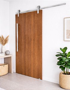 Porta Carvalho 100 cm + Kit de Correr Aluminum 2 m + Puxador Flat Aluminum 1 m Polido