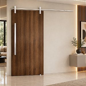 Porta Imbuia 100 cm + Kit de Correr Aluminum 2 m + Puxador Flat Aluminum 1 m Escovado