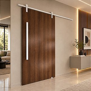 Porta Imbuia 100 cm + Kit de Correr Aluminum 2 m + Puxador Flat Aluminum 1 m Branco