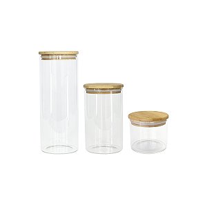Kit 3 Potes Herméticos de Vidro com Tampa de Bambu 450ml, 1L e 1,5L