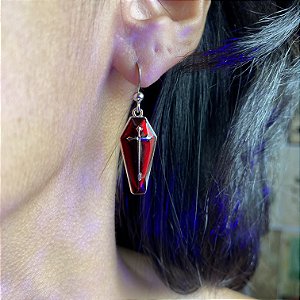 Par de Brincos Caixão Vermelho Preto Gothic