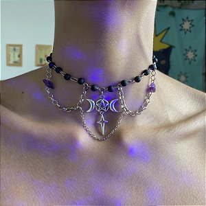 Colar Preto Místico Com Cristal Ametista Wicca