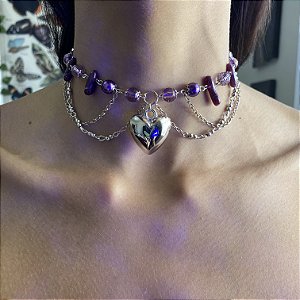 Colar Ametista Quartzo Cristal Coração Prata