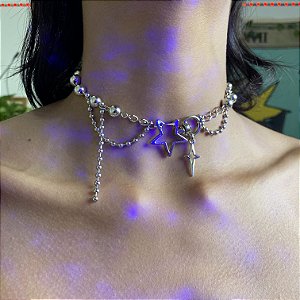 Colar unissex Coração Prata chocker Estrela