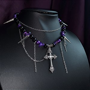 Colar Choker Gótico Cruz Prateada Preto