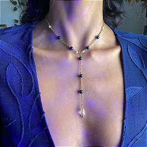 Colar Choker Lua Crescente Dourado Azul