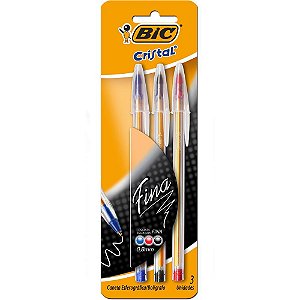 CANETA CRISTAL FINA 0.8MM CORES SORTIDA C/3 BIC