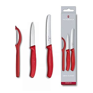 Conjunto Swiss Classic com 3 Peças para Cortar e Descascar Vermelho Victorinox