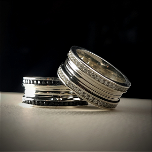 Par de Alianças Prata prata PREMIUM 10 mm 2 carreiras de pedras pretas e brancas