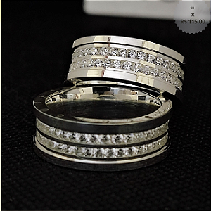 Par de aliança Prata prata PREMIUM  10 mm 2 carreiras de pedras