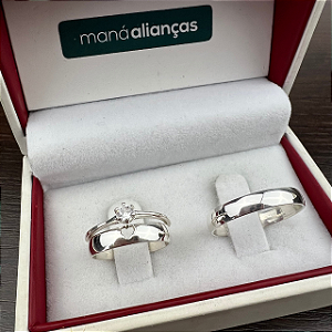 Par de aliança  Prata   tradicional 3mm coração vazado  + solitário cód. 20