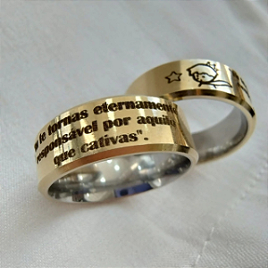 Par de  Alianças Chanfrada 7mm em Moeda Antiga Pequeno Príncipe ("Tu te tornas eternamente responsável por aquilo que cativas" )