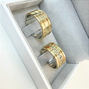 Par de Alianças Quadrada 8mm em Moeda Antiga 15 pedras