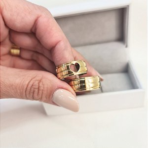 Par Aliança Quadrada 8mm Coração Vazado em Moeda Antiga