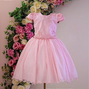 Vestido Rosa Bebê Cinto Perola 4 ao 12