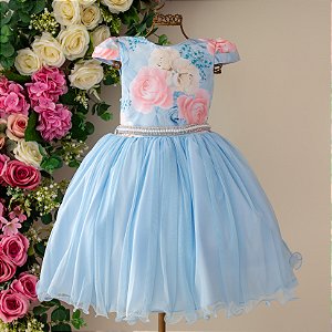Vestido Infantil Juvenil Floral Azul Saia Tule 4 ao 12