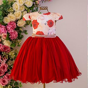 Vestido Estampado Vermelho Cinto Strass/Perola 4 ao 12 - H1097