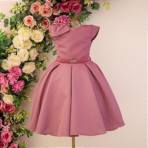 Vestido Rose Pregas Laço Ombro 4 ao 12