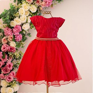 Vestido Vermelho Tule Cristal Cinto Strass/Perola 4 ao 12