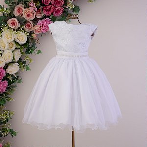 Vestido Infantil Juvenil Branco Bordado Cintura 4 ao 16