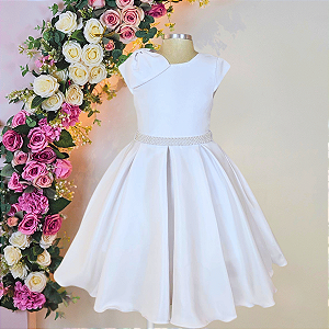 6364BR Vestido Infantil Branco Laço Ombro 4 ao 12