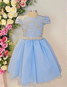 6362 Vestido Infantil Azul Renda Dourada 4 ao 16