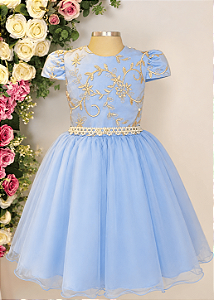6362 Vestido Infantil Azul Renda Dourada 4 ao 16