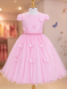 5368R Vestido Infantil Luxo Borboletas Paetê Rosa 1 ao 4