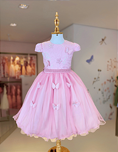 5368R Vestido Infantil Luxo Borboletas Paetê Rosa 1 ao 4